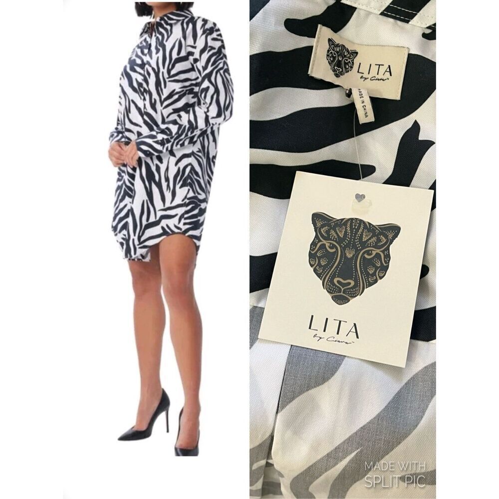 LITA by Ciara Black White Animal Print Shirt Dress Revolve XL
